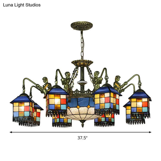 Mediterranean Stained Glass Chandelier With Blue Lights For Living Room Ceiling