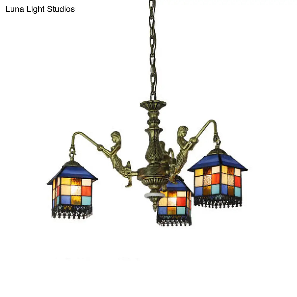 Blue Stained Glass Chandelier Light Fixture For Living Room - Mediterranean House Ceiling With