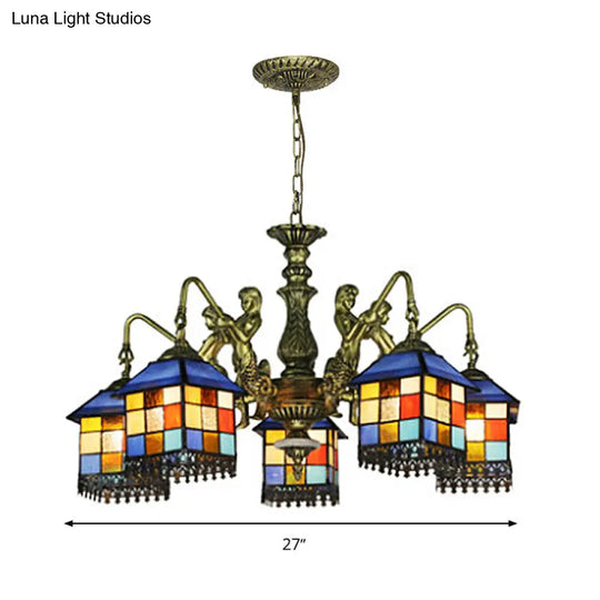 Mediterranean Stained Glass Chandelier With Blue Lights For Living Room Ceiling