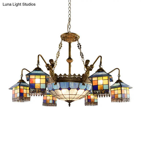 Blue Stained Glass Chandelier Light Fixture For Living Room - Mediterranean House Ceiling With