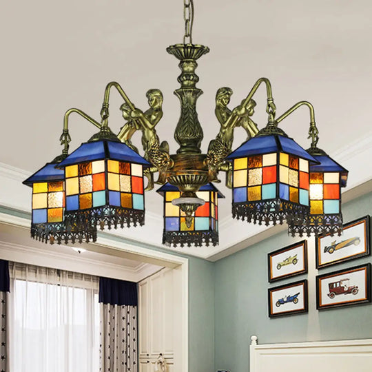 Blue Stained Glass Chandelier Light Fixture For Living Room - Mediterranean House Ceiling With