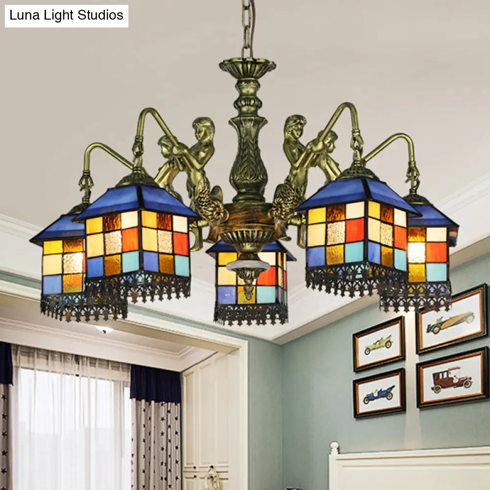 Mediterranean Stained Glass Chandelier With Blue Lights For Living Room Ceiling 5 /