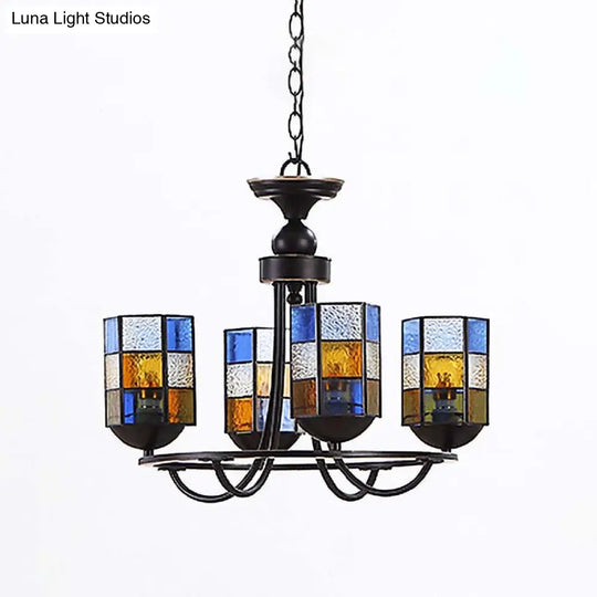 Blue Stained Glass Chandelier Pendant Light - 4/6/8 Cylinder Lights For Mediterranean Dining Room