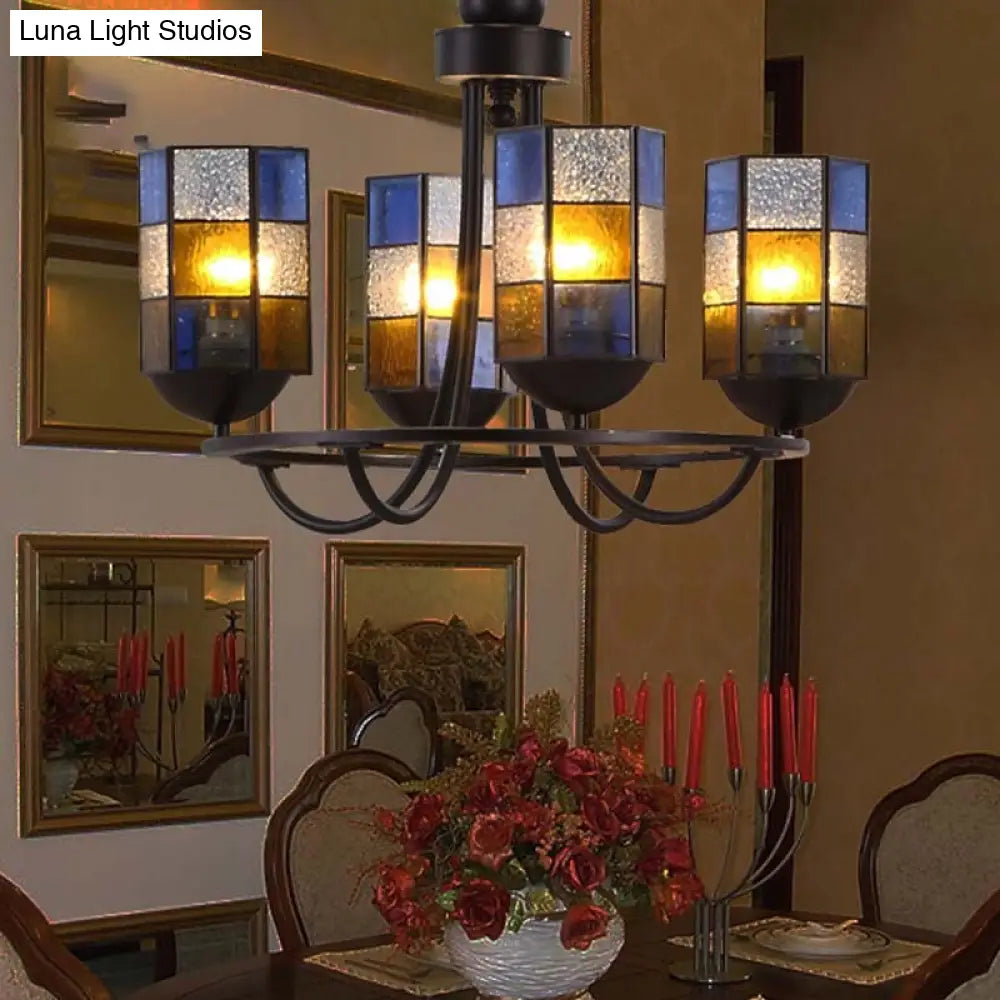 Blue Stained Glass Chandelier With Mediterranean Charm - Cylinder Style | 4/6/8-Light Pendant Light