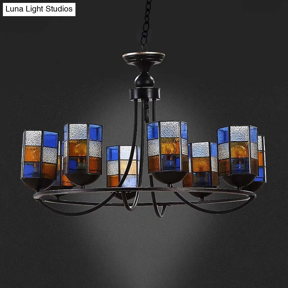 Blue Stained Glass Chandelier With Mediterranean Charm - Cylinder Style | 4/6/8-Light Pendant Light