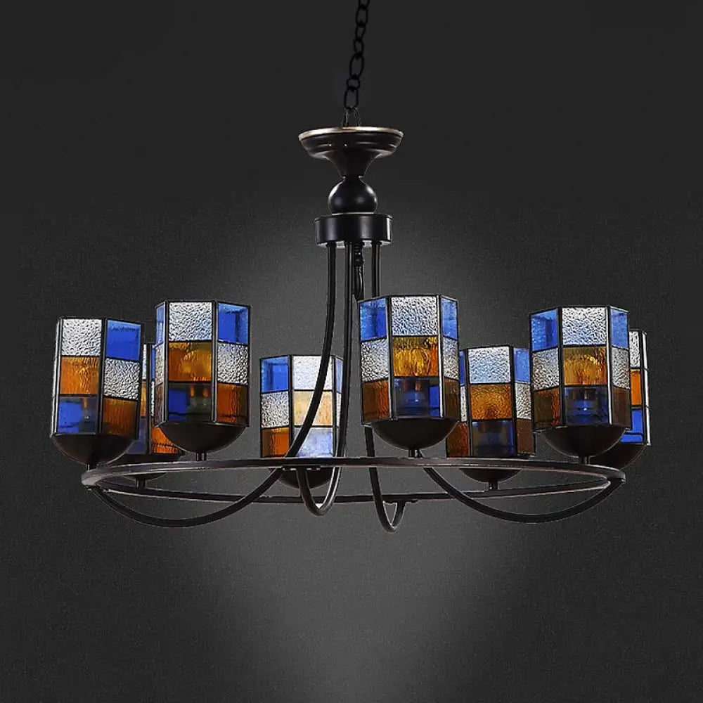 Blue Stained Glass Chandelier Pendant Light - 4/6/8 Cylinder Lights For Mediterranean Dining Room 8