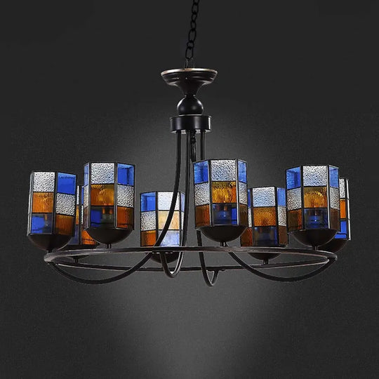 Blue Stained Glass Chandelier Pendant Light - 4/6/8 Cylinder Lights For Mediterranean Dining Room 8