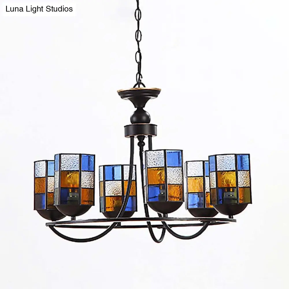 Blue Stained Glass Chandelier Pendant Light - 4/6/8 Cylinder Lights For Mediterranean Dining Room