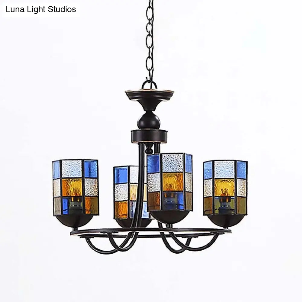 Blue Stained Glass Chandelier With Mediterranean Charm - Cylinder Style | 4/6/8-Light Pendant Light