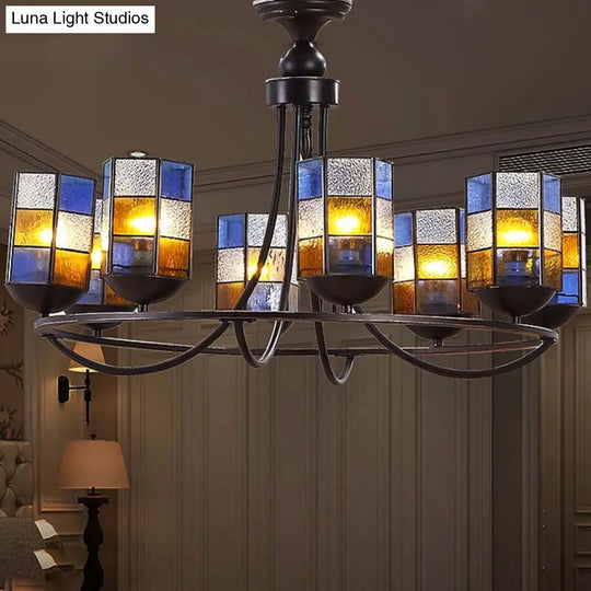 Blue Stained Glass Chandelier With Mediterranean Charm - Cylinder Style | 4/6/8-Light Pendant Light