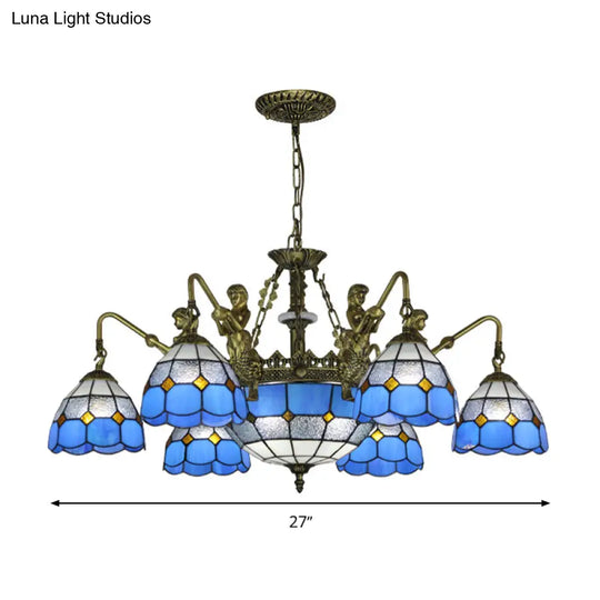 Blue Stained Glass Chandelier With Grid Pattern And Baroque Suspension - 5/9/11 Lights