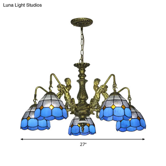 Blue Stained Glass Chandelier With Grid Pattern And Baroque Suspension - 5/9/11 Lights