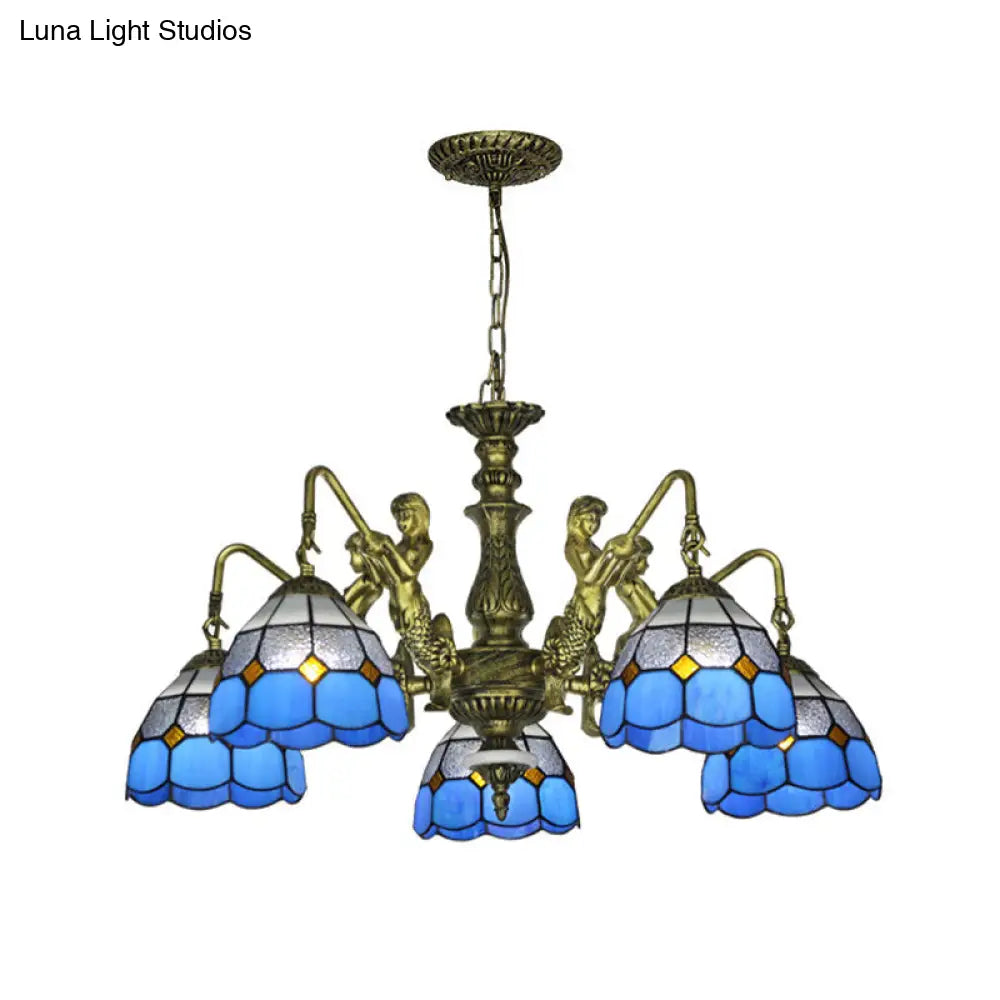 Baroque Blue Stained Glass Chandelier With Grid Pattern - 5/9/11 Lights