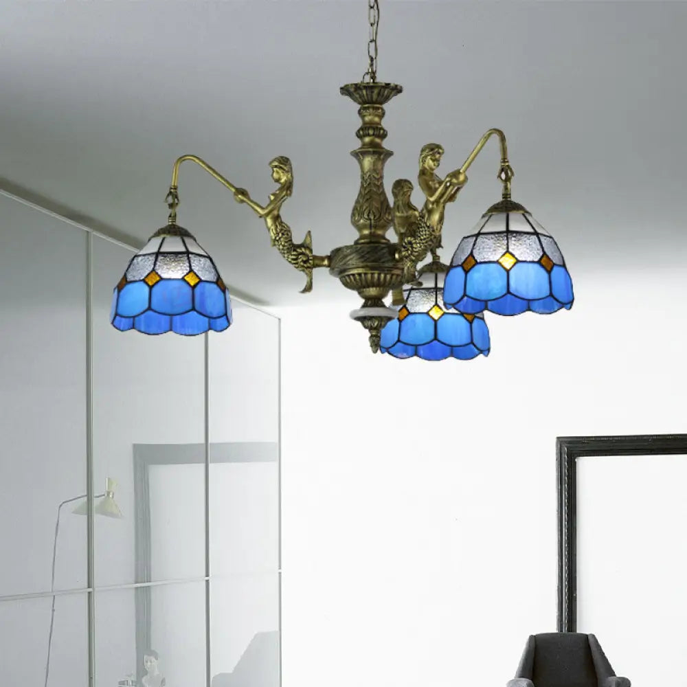 Blue Stained Glass Chandelier With Grid Pattern And Baroque Suspension - 5/9/11 Lights 3 /