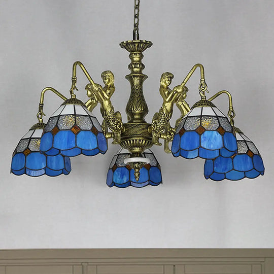 Blue Stained Glass Chandelier With Grid Pattern And Baroque Suspension - 5/9/11 Lights 5 /