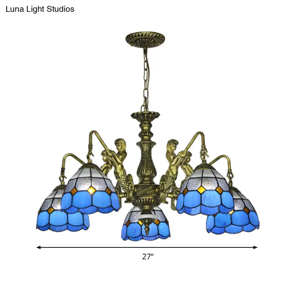 Baroque Blue Stained Glass Chandelier With Grid Pattern - 5/9/11 Lights