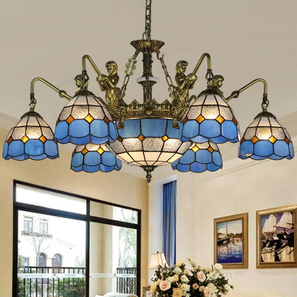 Blue Stained Glass Chandelier With Grid Pattern And Baroque Suspension - 5/9/11 Lights 9 /