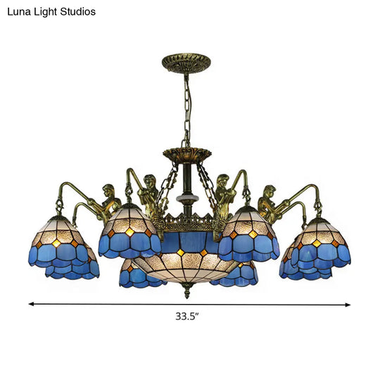 Blue Stained Glass Chandelier With Grid Pattern And Baroque Suspension - 5/9/11 Lights