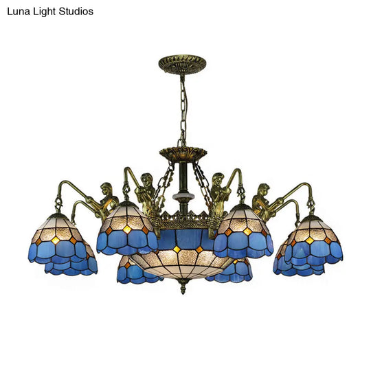 Baroque Blue Stained Glass Chandelier With Grid Pattern - 5/9/11 Lights