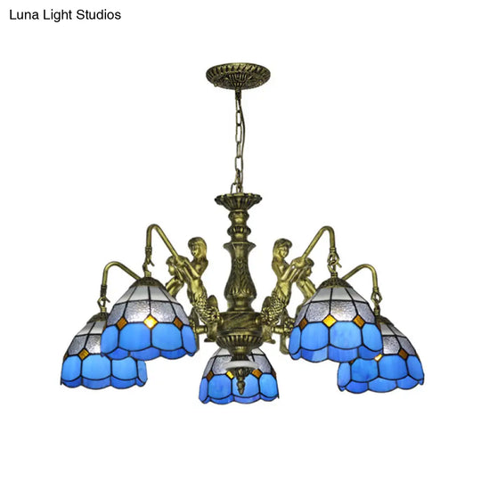 Blue Stained Glass Chandelier With Grid Pattern And Baroque Suspension - 5/9/11 Lights