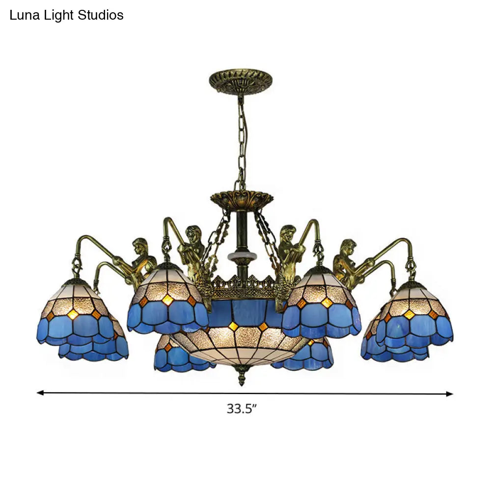 Baroque Blue Stained Glass Chandelier With Grid Pattern - 5/9/11 Lights