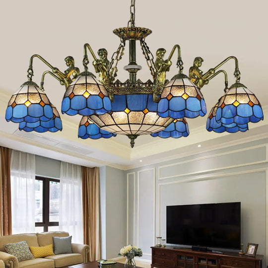 Blue Stained Glass Chandelier With Grid Pattern And Baroque Suspension - 5/9/11 Lights 11 /