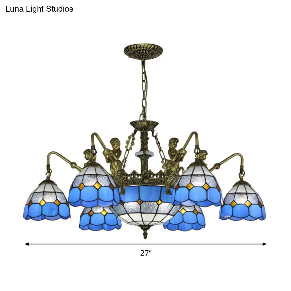 Baroque Blue Stained Glass Chandelier With Grid Pattern - 5/9/11 Lights