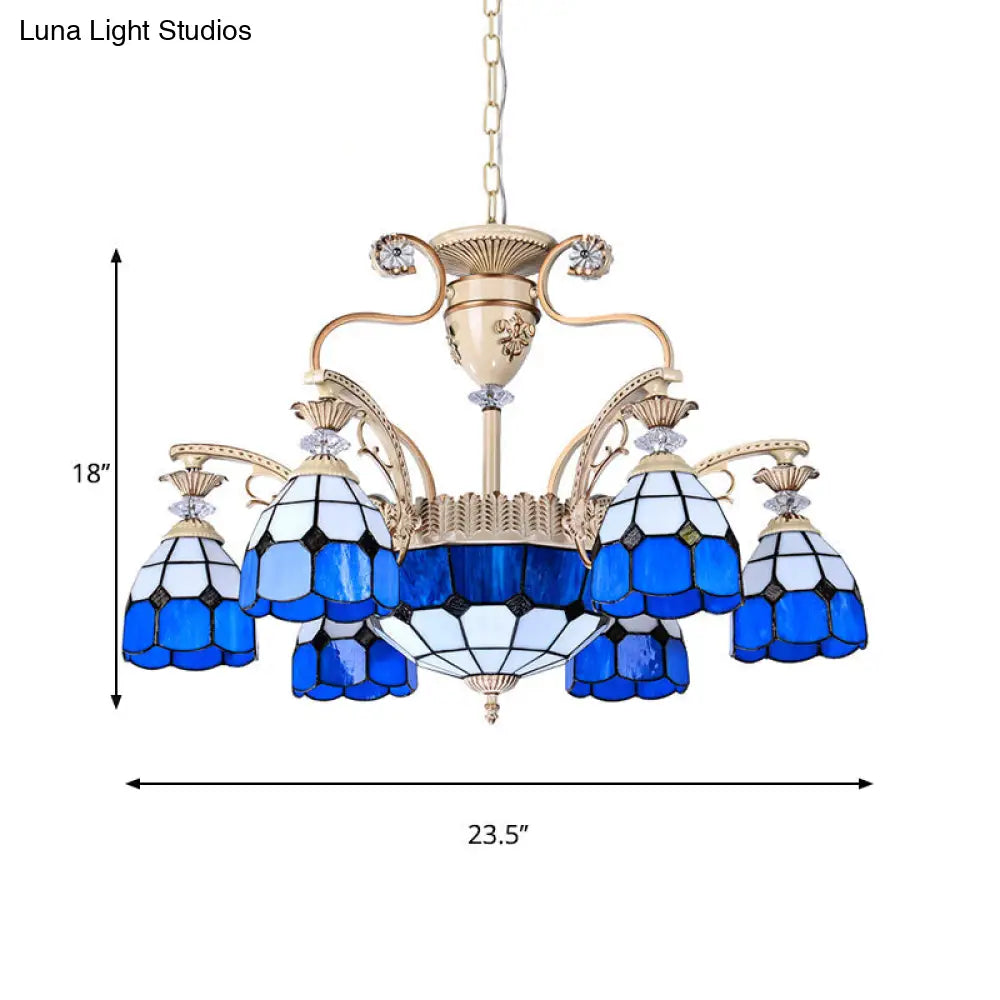 Tiffany Stained Glass Chandelier - 9-Light Blue Grid Ceiling Lamp