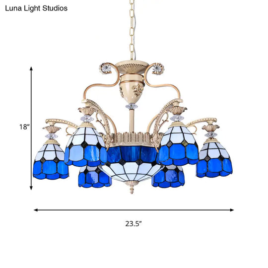 Blue Stained Glass Chandelier With Tiffany Grid Pattern And 9 Lights