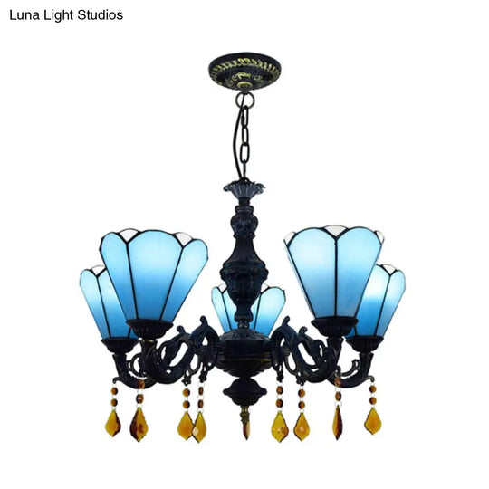 Blue Stained Glass Tiffany Style Cone-Shaped Chandelier With Decorative Crystal 5 Lights Hanging