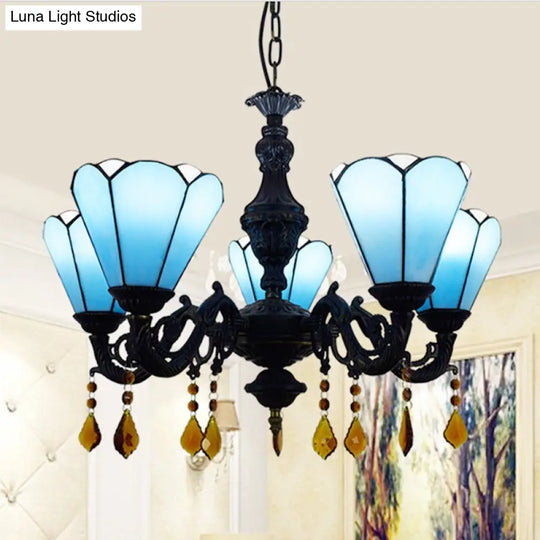 Blue Stained Glass Chandelier With Tiffany-Style Cone-Shaped Design And 5 Decorative Crystal Lights