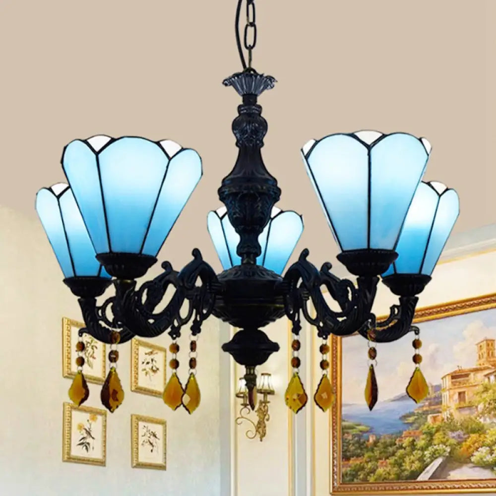 Blue Stained Glass Chandelier With Tiffany-Style Cone-Shaped Design And 5 Decorative Crystal Lights