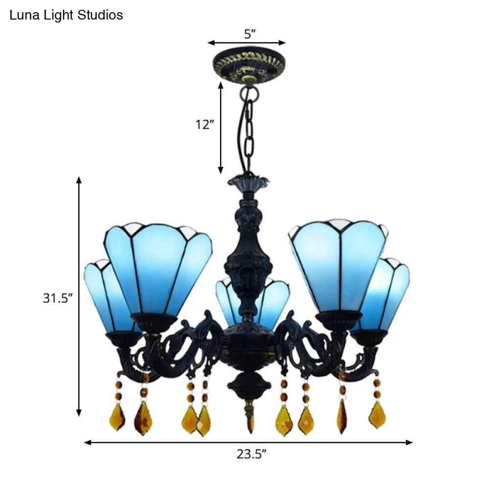 Blue Stained Glass Tiffany Style Cone-Shaped Chandelier With Decorative Crystal 5 Lights Hanging