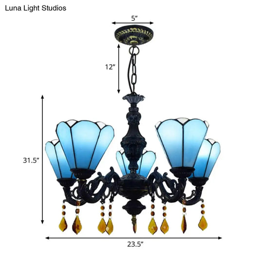 Blue Stained Glass Tiffany Style Cone-Shaped Chandelier With Decorative Crystal 5 Lights Hanging