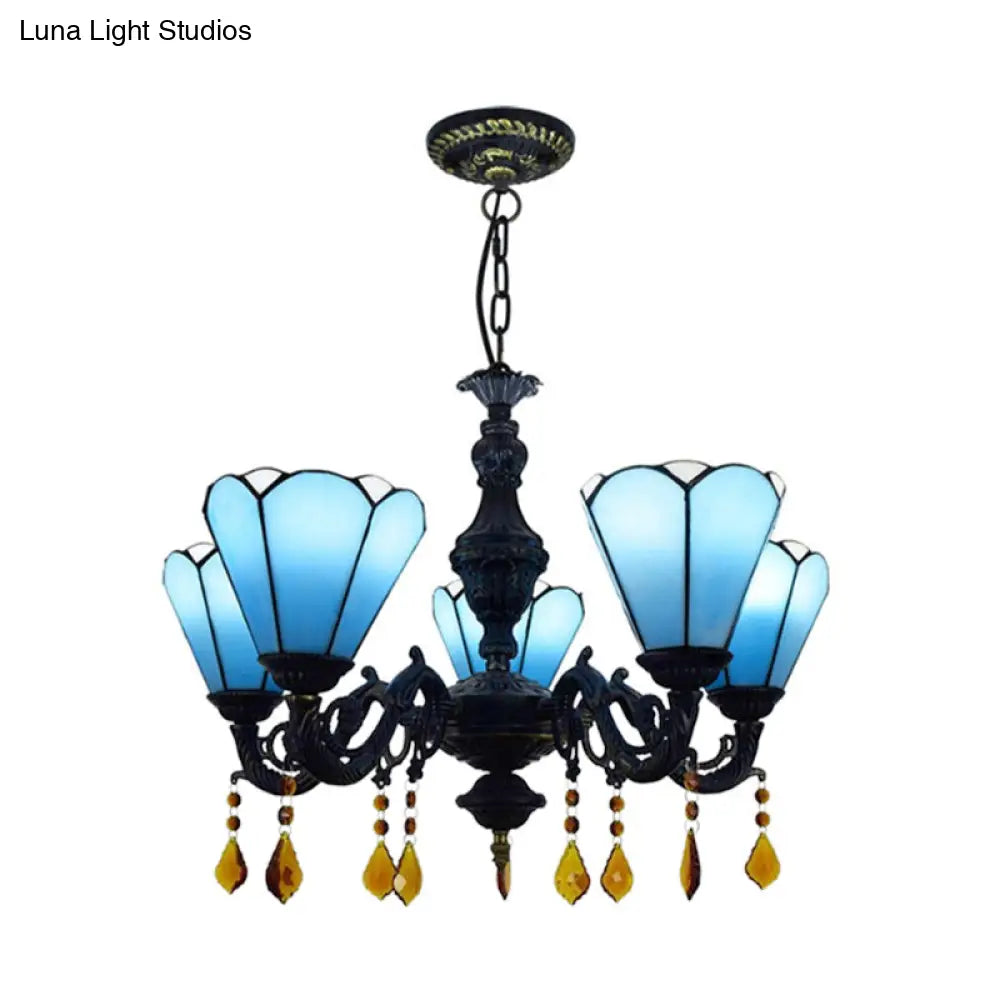 Blue Stained Glass Chandelier With Tiffany-Style Cone-Shaped Design And 5 Decorative Crystal Lights