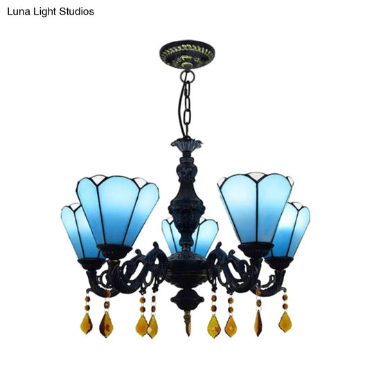 Blue Stained Glass Chandelier With Tiffany-Style Cone-Shaped Design And 5 Decorative Crystal Lights