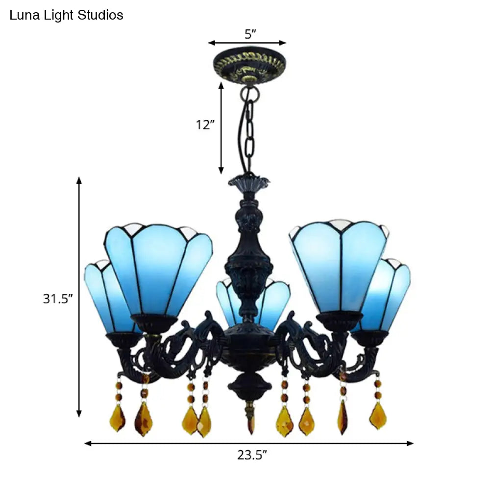 Blue Stained Glass Chandelier With Tiffany-Style Cone-Shaped Design And 5 Decorative Crystal Lights