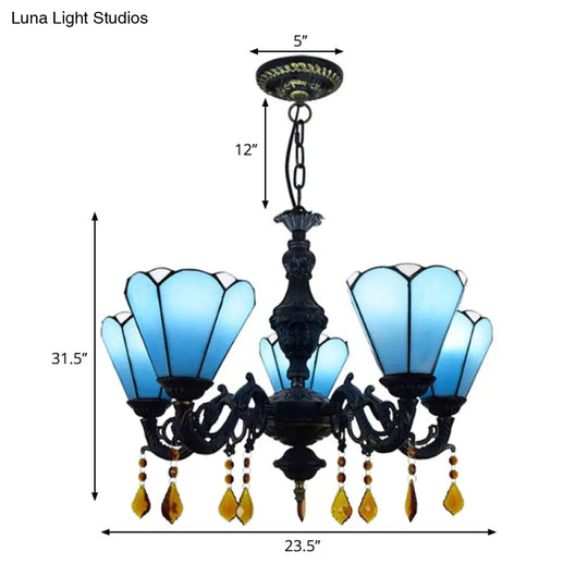 Blue Stained Glass Chandelier With Tiffany-Style Cone-Shaped Design And 5 Decorative Crystal Lights