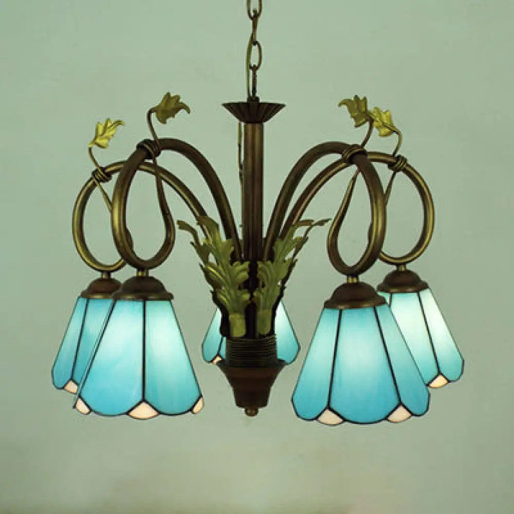 Blue Stained Glass Cone Chandelier - 5 Pendant Lights For Foyer