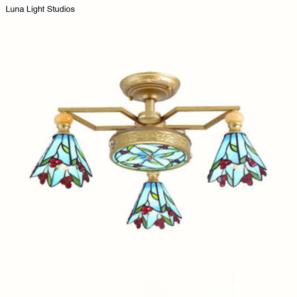 Nautical-Style Stained Glass Cone Semi Flush Lamp With 4/6/7 Blue Lights For Surface Mount Ceiling