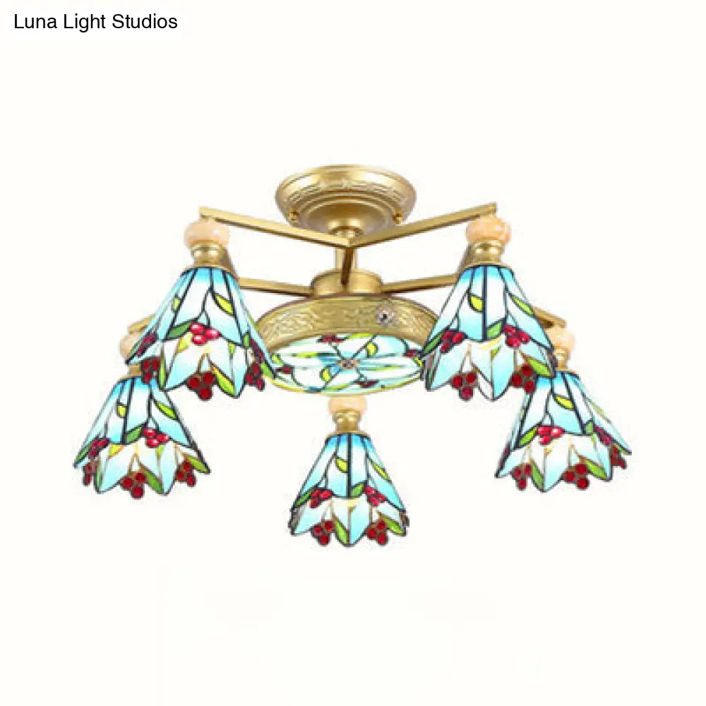 Blue Stained Glass Cone Semi Flush Lamp - Nautical Style Ceiling Light (4/6/7-Lights)