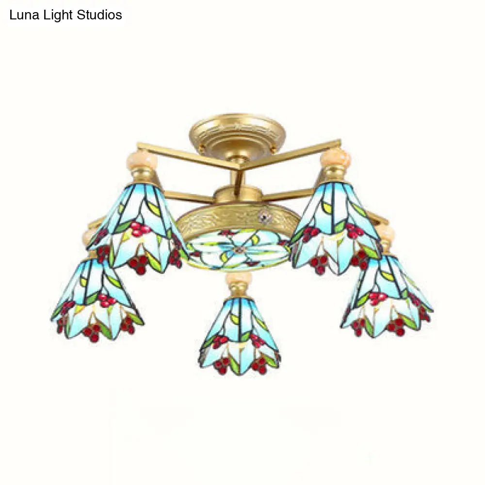 Nautical-Style Stained Glass Cone Semi Flush Lamp With 4/6/7 Blue Lights For Surface Mount Ceiling