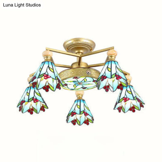 Nautical-Style Stained Glass Cone Semi Flush Lamp With 4/6/7 Blue Lights For Surface Mount Ceiling