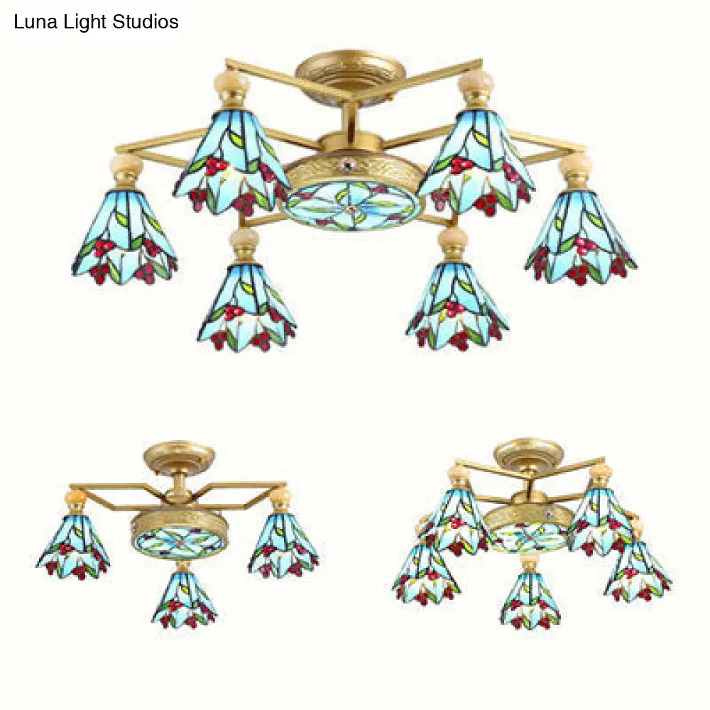 Nautical-Style Stained Glass Cone Semi Flush Lamp With 4/6/7 Blue Lights For Surface Mount Ceiling