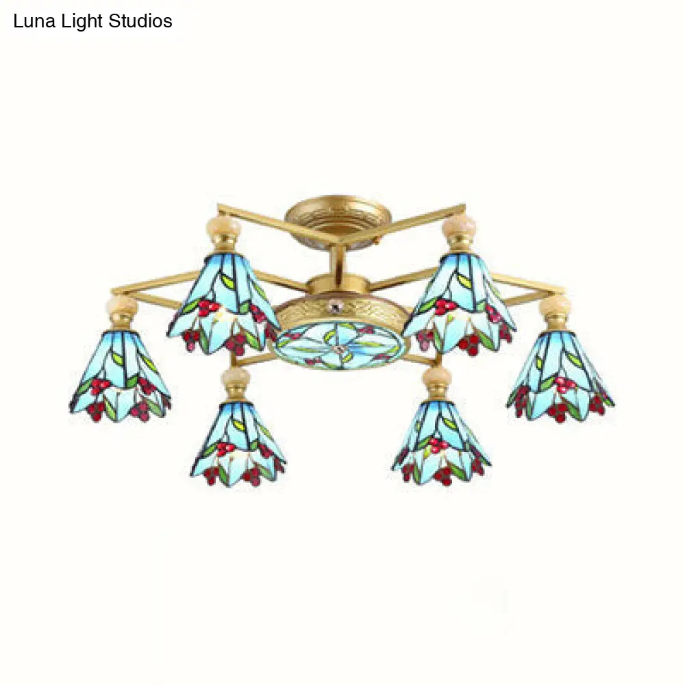 Nautical-Style Stained Glass Cone Semi Flush Lamp With 4/6/7 Blue Lights For Surface Mount Ceiling