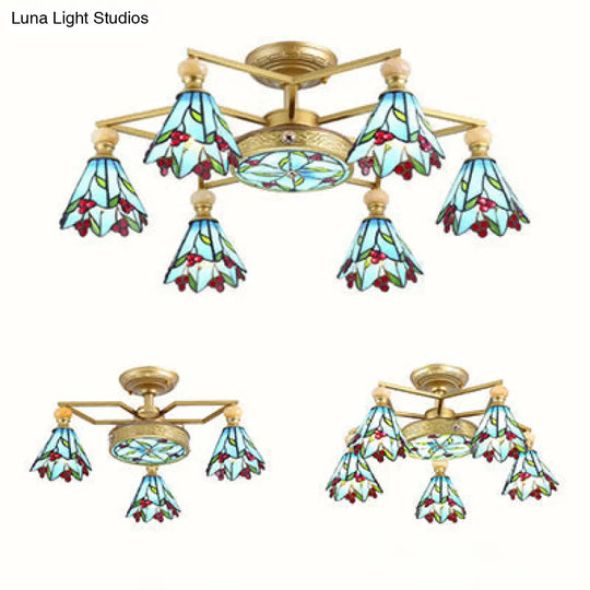 Blue Stained Glass Cone Semi Flush Lamp - Nautical Style Ceiling Light (4/6/7-Lights)