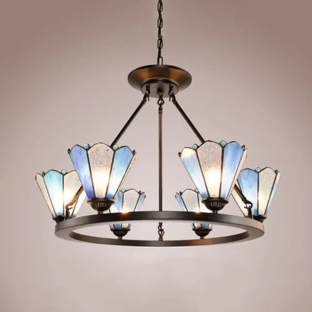 Blue Stained Glass Conical Pendant Chandelier With 6 Lights - Traditional Lamp