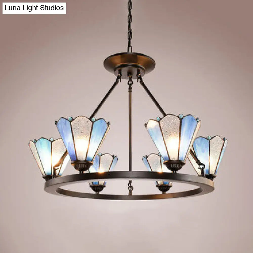 Blue Conical Pendant Lighting With Stained Glass - Traditional Chandelier Lamp (6 Lights)