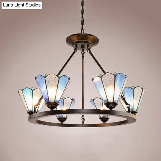 Blue Conical Pendant Lighting With Stained Glass - Traditional Chandelier Lamp (6 Lights)