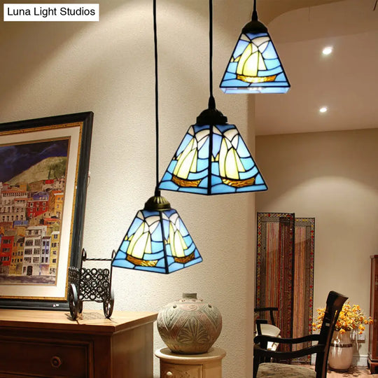 Blue Stained Glass Tiffany Mini Pendant Cluster Light With 3 Bulbs For Living Room